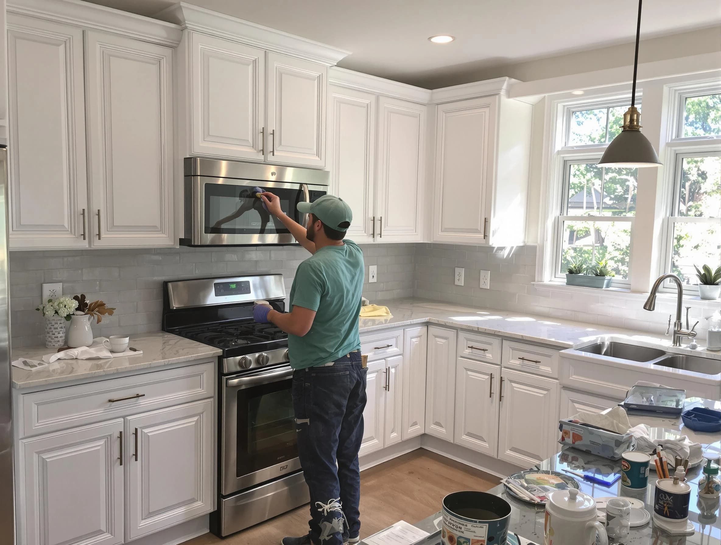 Kitchen cabinets being refinished by Mentor House Painters in Mentor, OH