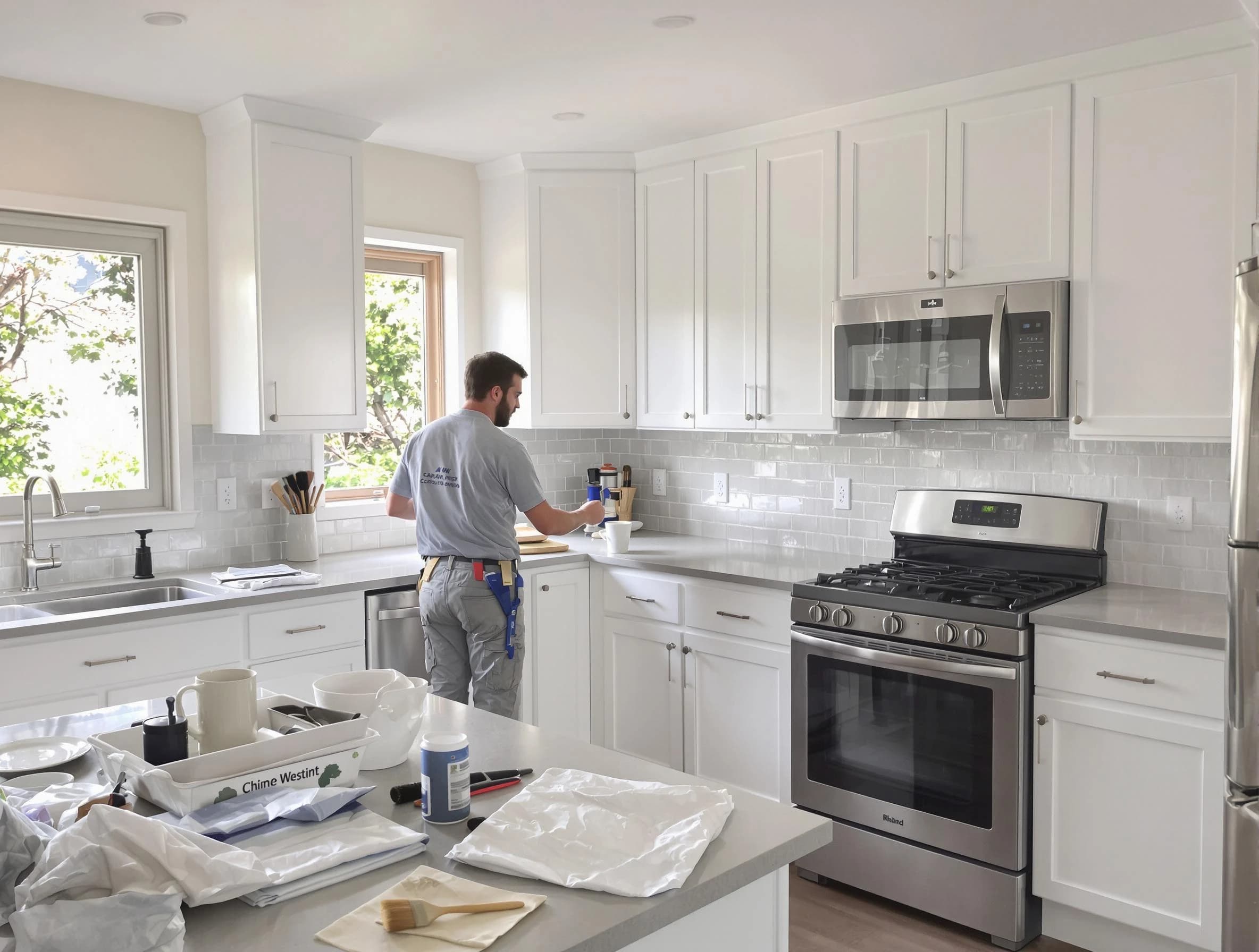 Mentor House Painters applying fresh paint on kitchen cabinets in Mentor