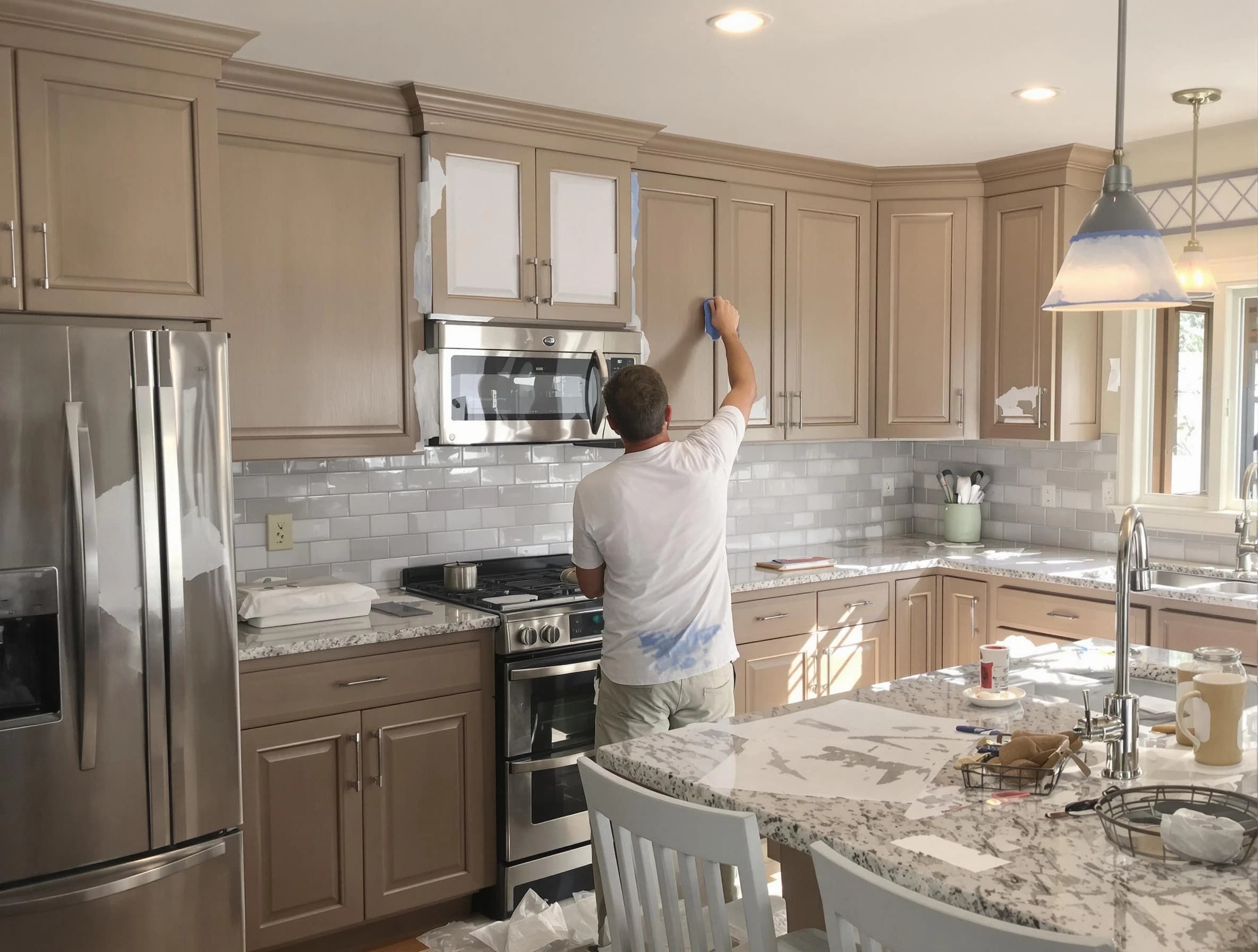 Before-and-after view of kitchen painting by Mentor House Painters in Mentor