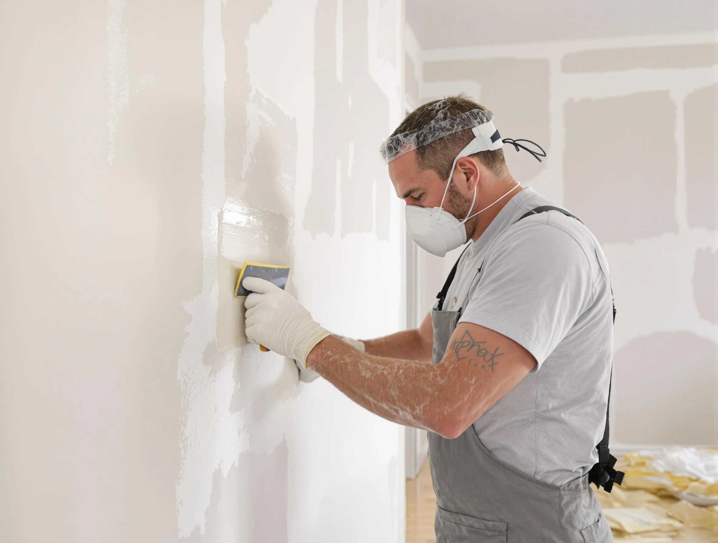 Mentor House Painters technician applying mud to drywall seams in Mentor, OH